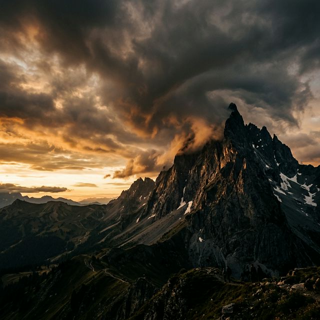 Clouds sweeping over jagged mountain peak